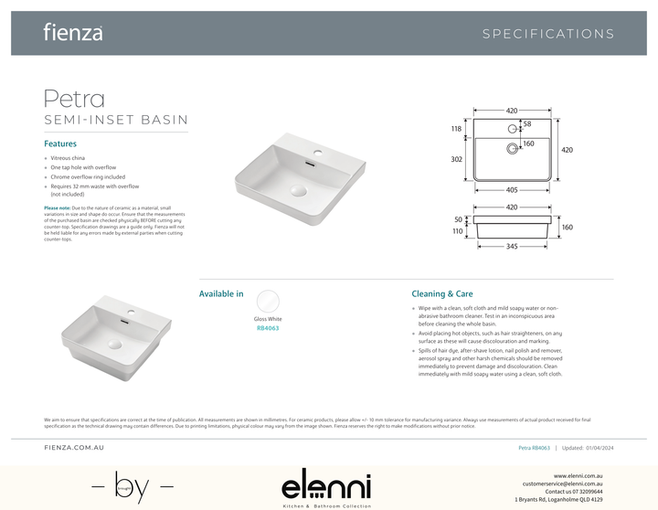 Petra Semi-Inset Basin - Elenni specification drawing