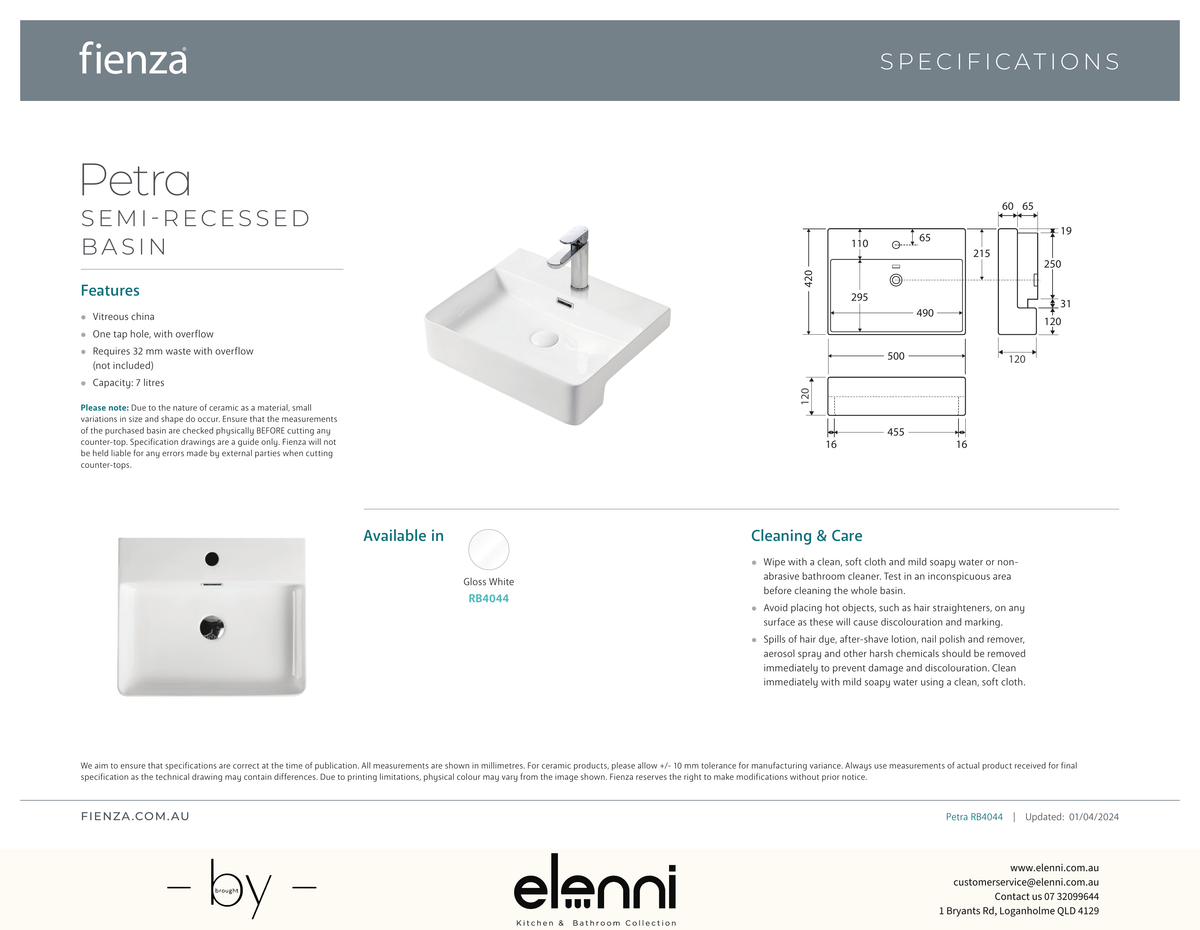 Petra Semi-Recessed Basin - Elenni specification drawing