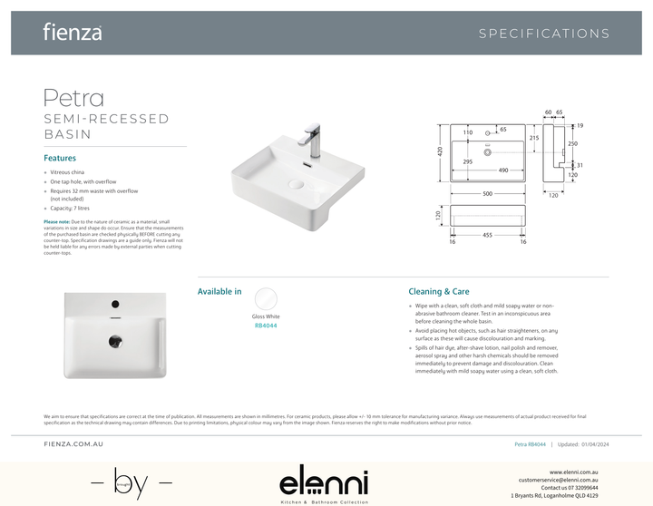 Petra Semi-Recessed Basin - Elenni specification drawing