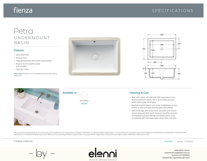 Petra Undermount Basin - Elenni specification drawing