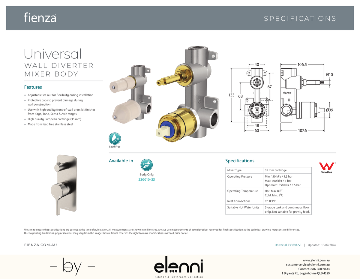Quik-Switch Universal Wall Diverter Mixer Body - Spec sheet