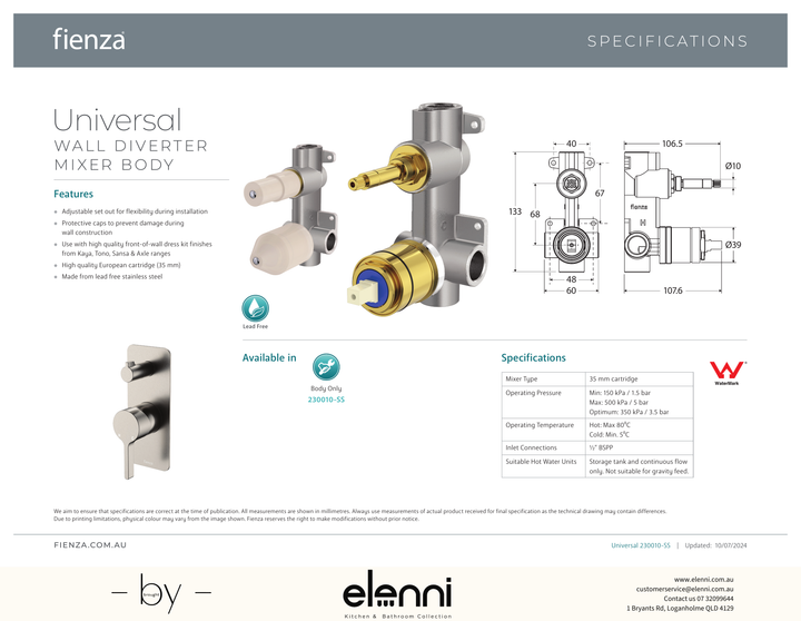 Quik-Switch Universal Wall Diverter Mixer Body - Spec sheet