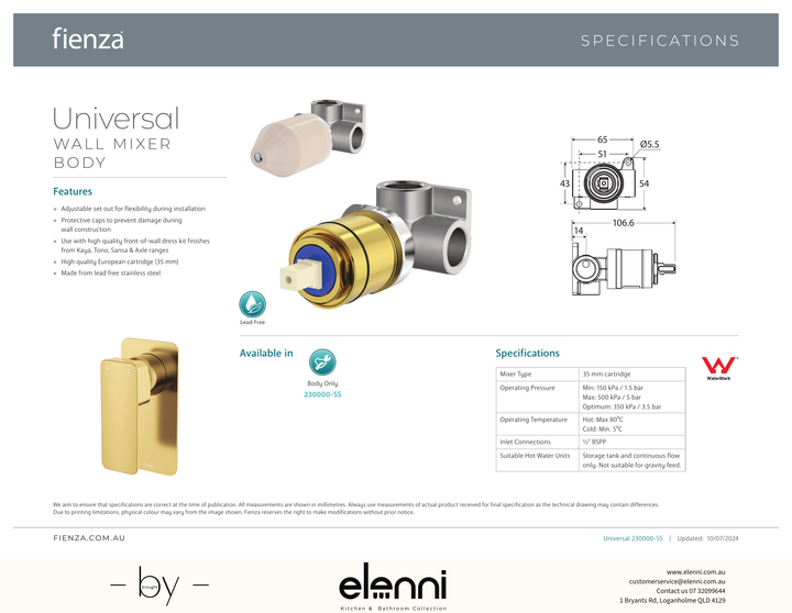Quik-Switch Universal Wall Mixer Body - Spec sheet
