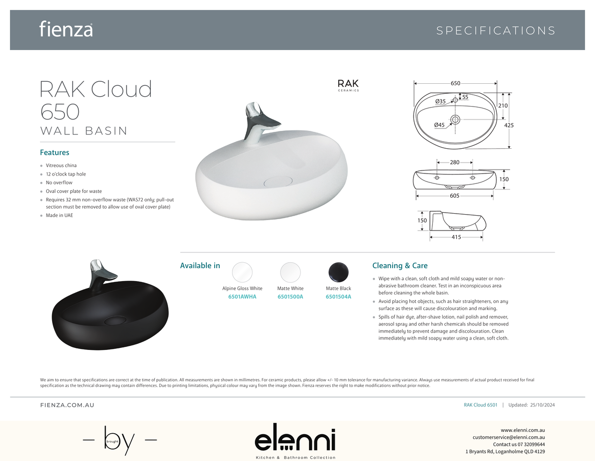 RAK Cloud 650 Wall Basin - Elenni specification drawing