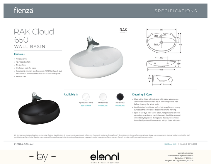 RAK Cloud 650 Wall Basin - Elenni specification drawing