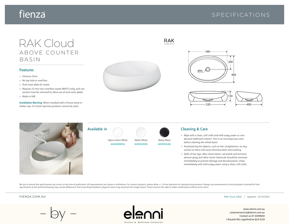 RAK Cloud Above Counter Basin - Elenni specification drawing