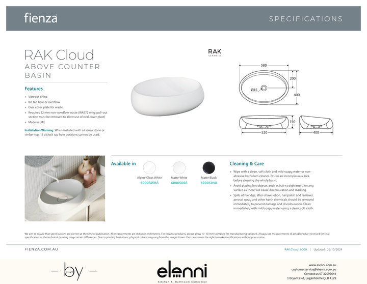 RAK Cloud Above Counter Basin - Elenni specification drawing