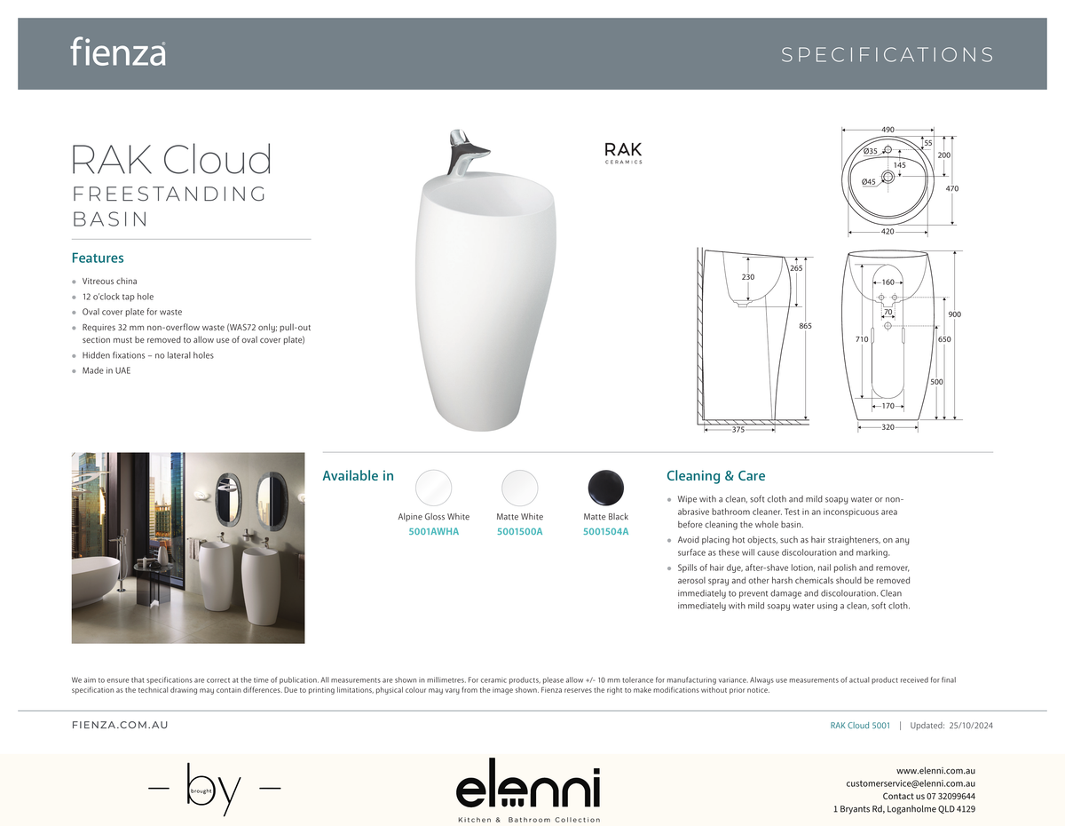 RAK Cloud Freestanding Basin - Elenni specification drawing