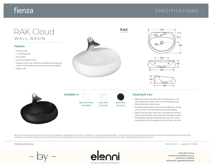 RAK Cloud Wall Basin - Elenni specification drawing