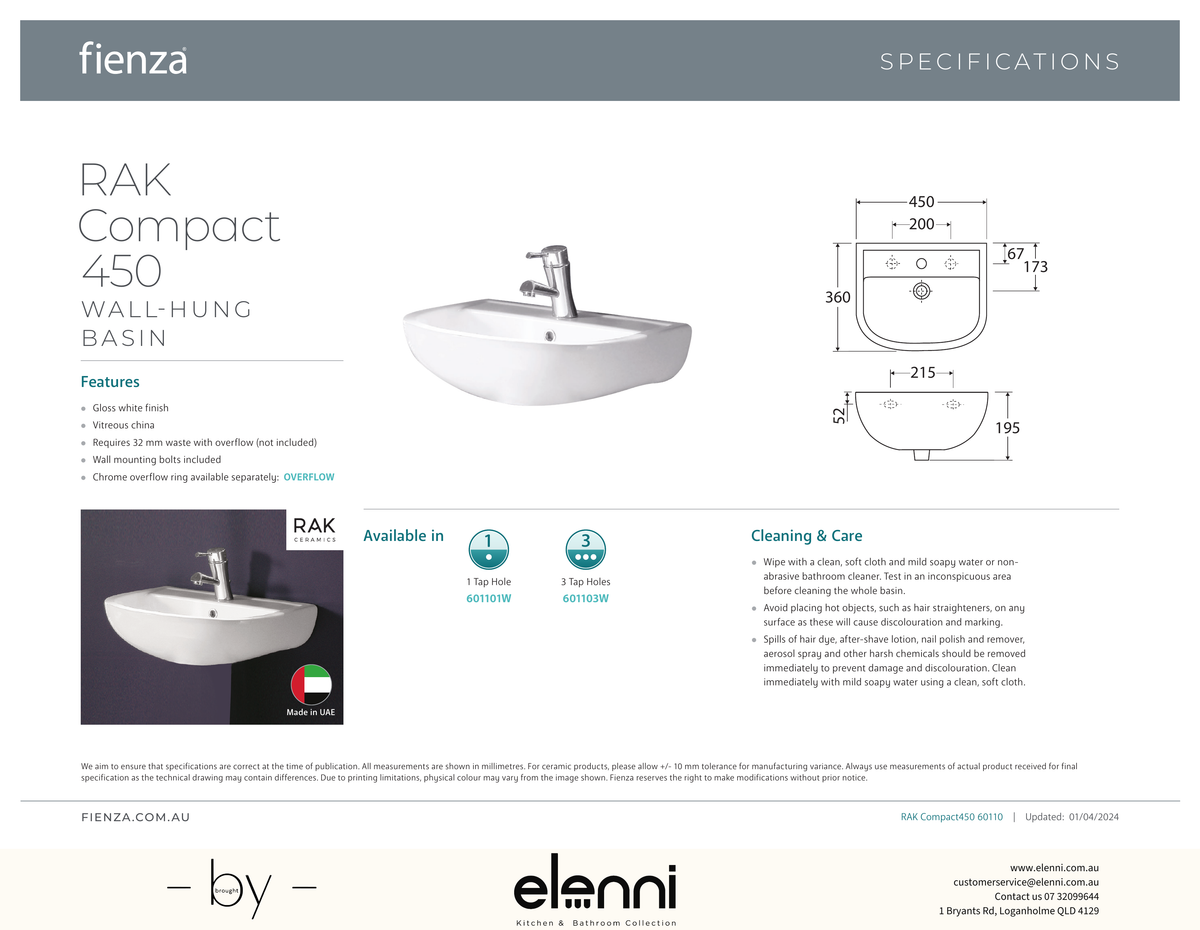 RAK Compact 450 Wall Basin - Elenni specification drawing
