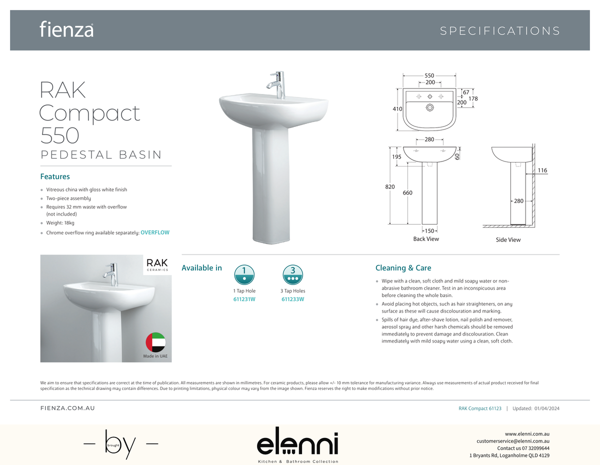 RAK Compact 550 Pedestal Basin - Elenni specification drawing