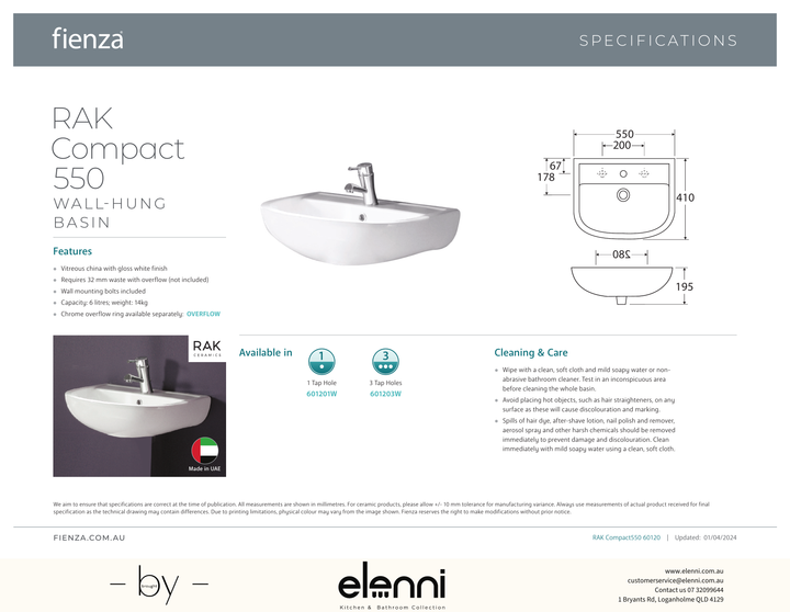 RAK Compact 550 Wall Basin - Elenni specification drawing