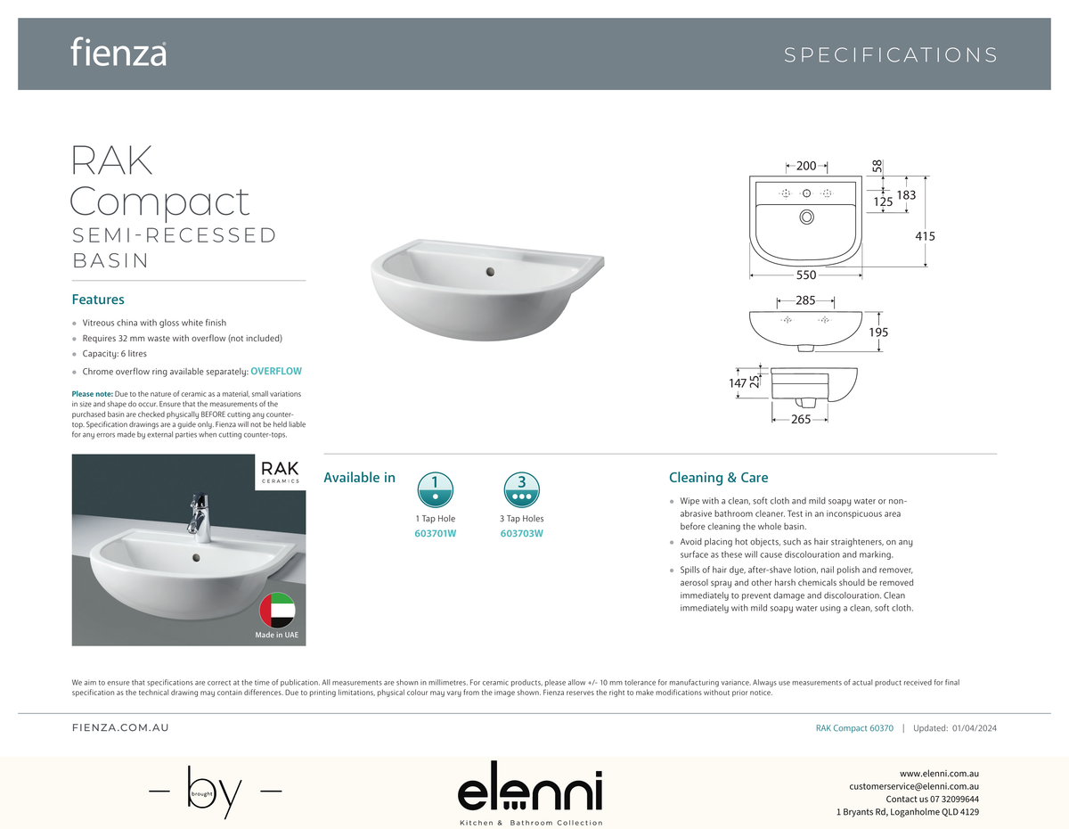 RAK Compact Semi-Recessed Basin - Elenni specification drawing