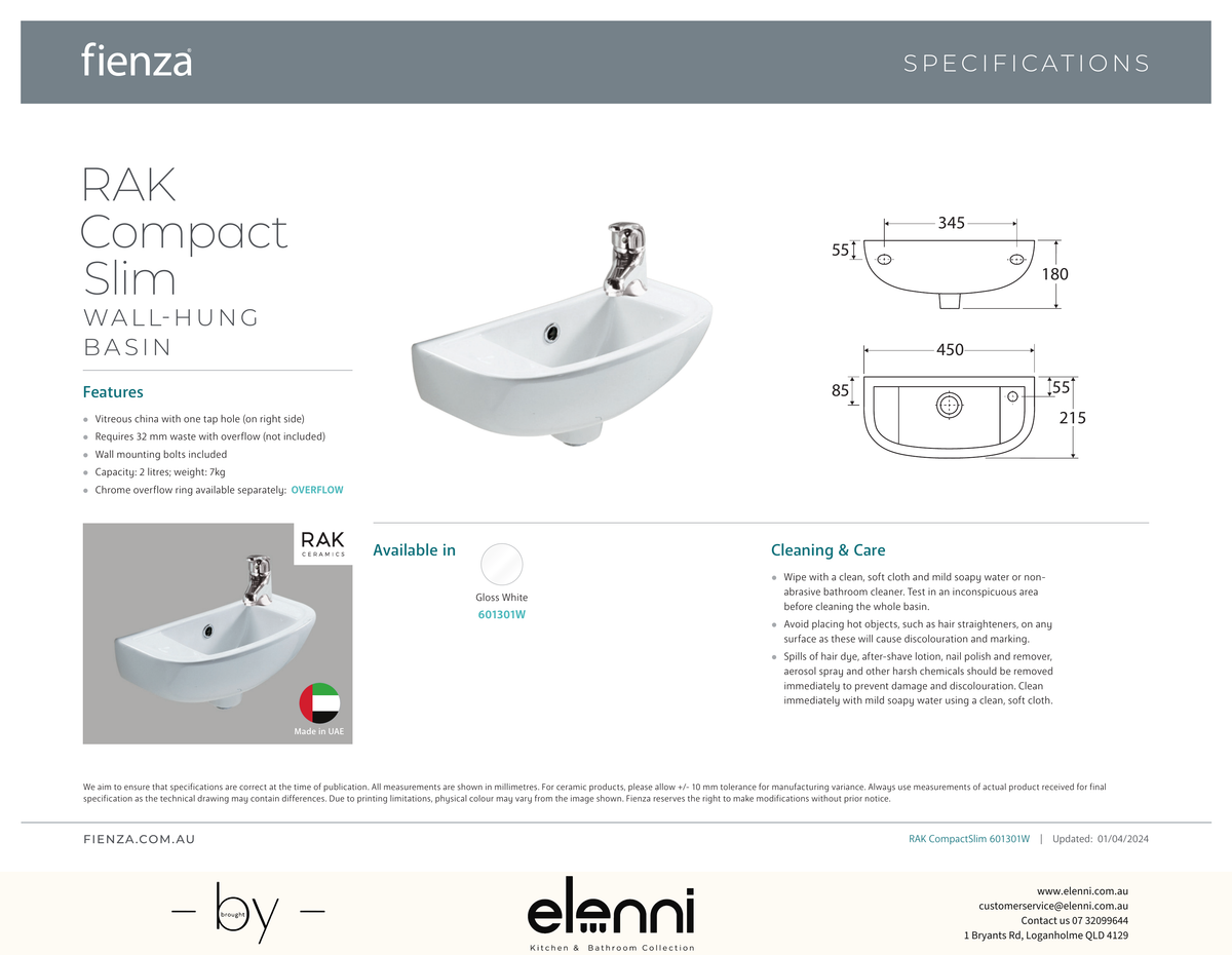 RAK Compact Slim Wall Basin - Elenni specification drawing