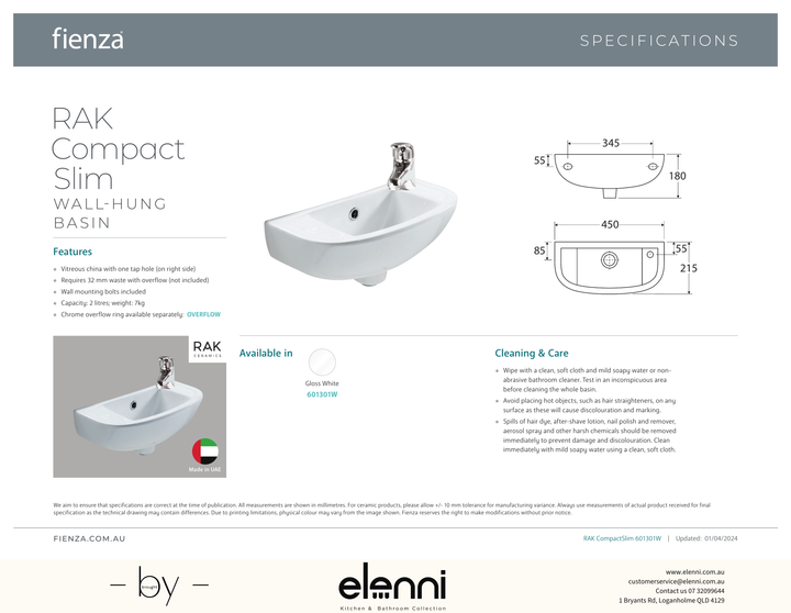 RAK Compact Slim Wall Basin - Elenni specification drawing