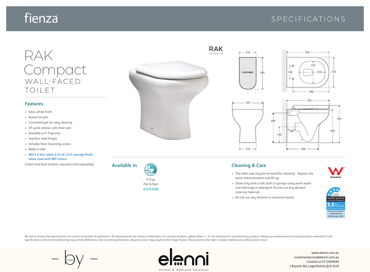 RAK Compact Wall-Faced Toilet Suite, Gloss White - Elenni specification drawing