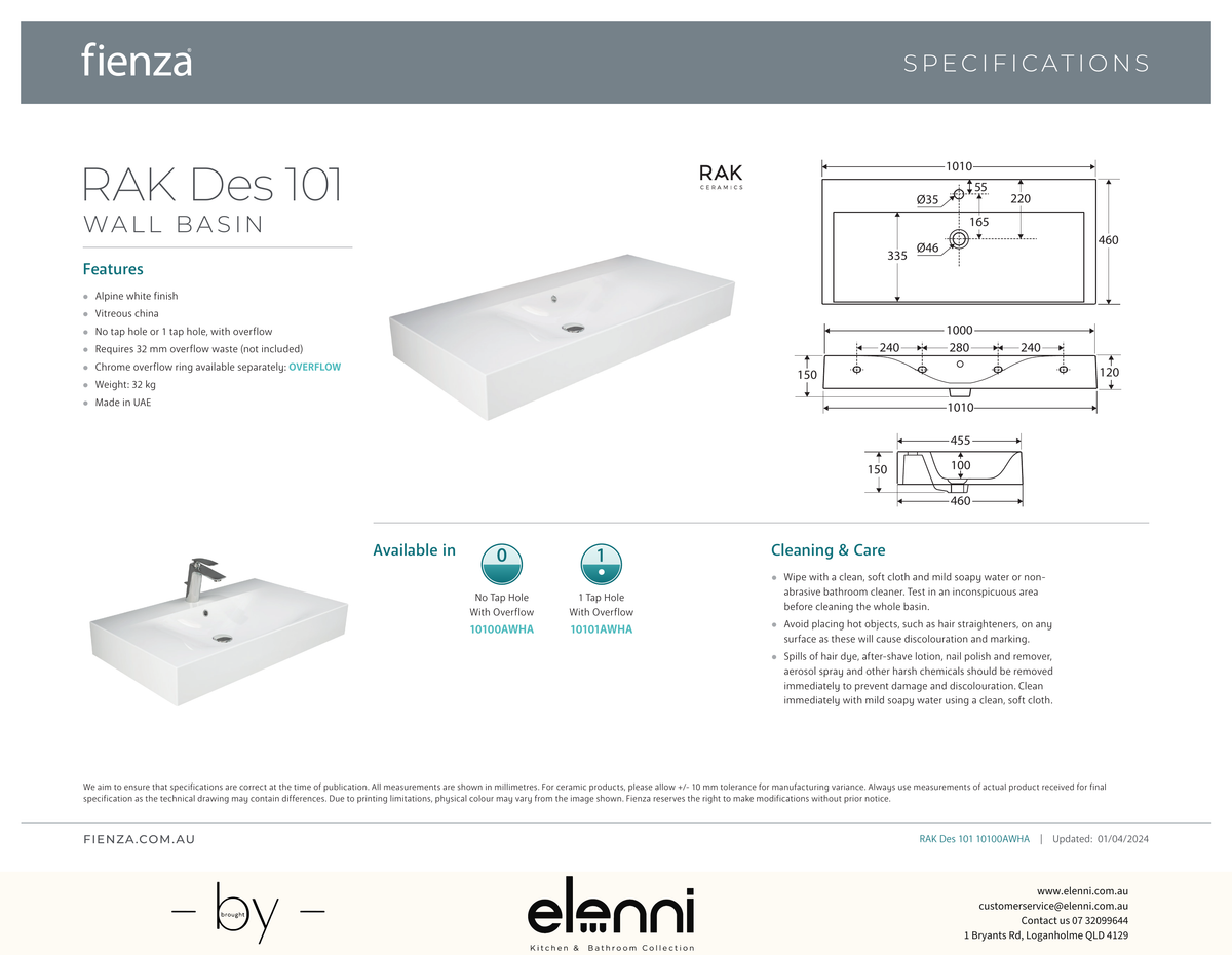 RAK Des 101 Wall Basin - Elenni specification drawing