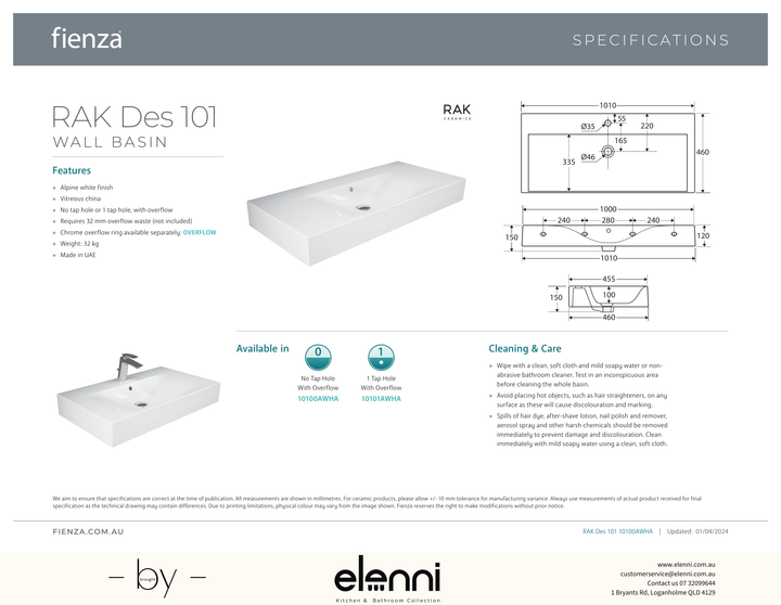 RAK Des 101 Wall Basin - Elenni specification drawing