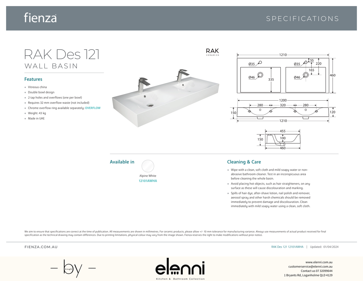 RAK Des 121 Wall Basin - Elenni specification drawing