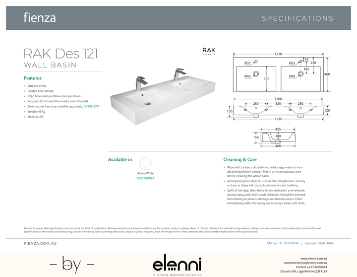 RAK Des 121 Wall Basin - Elenni specification drawing