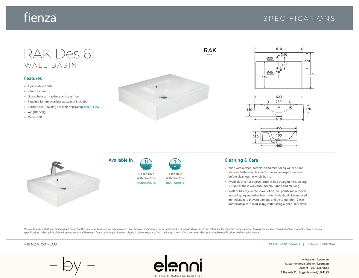 RAK Des 61 Wall Basin - Elenni specification drawing