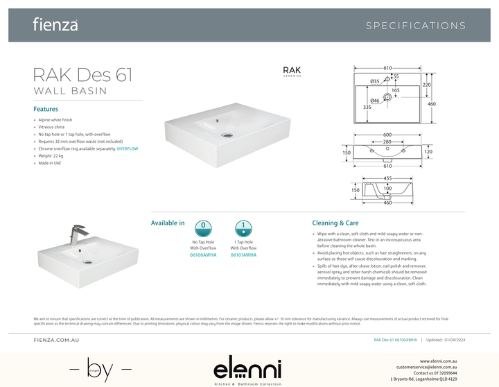 RAK Des 61 Wall Basin - Elenni specification drawing