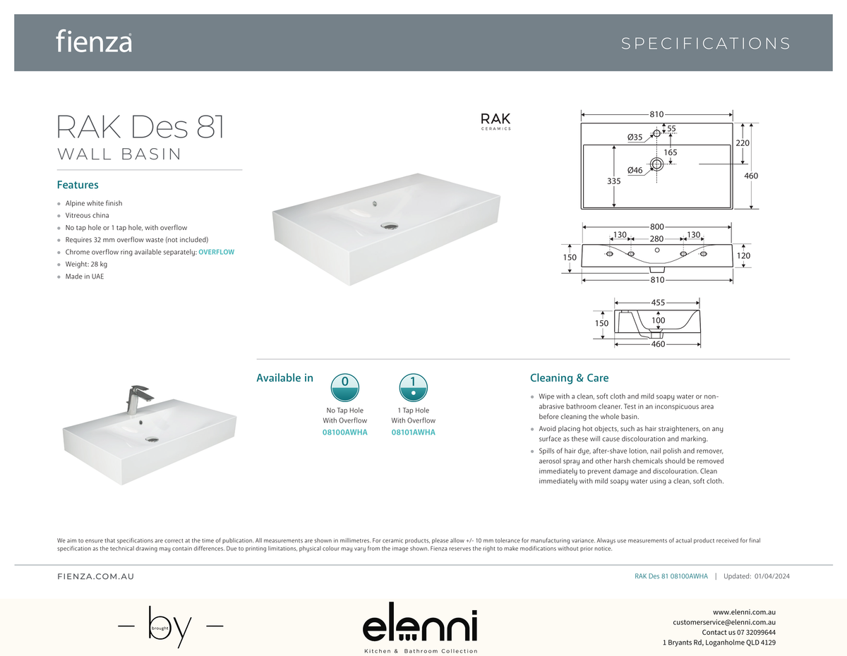 RAK Des 81 Wall Basin - Elenni specification drawing