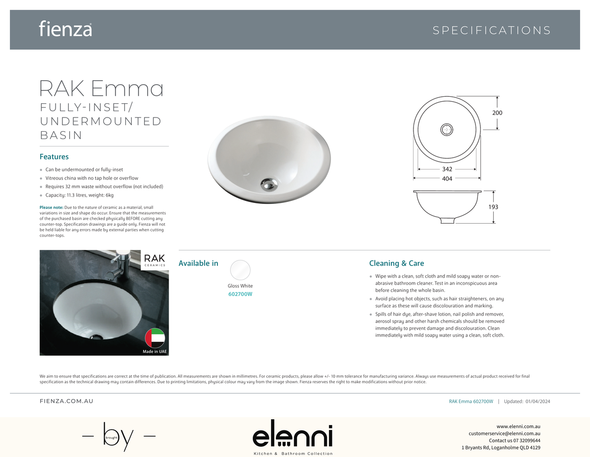 RAK Emma Fully-Inset/Undermounted Basin - Elenni specification drawing
