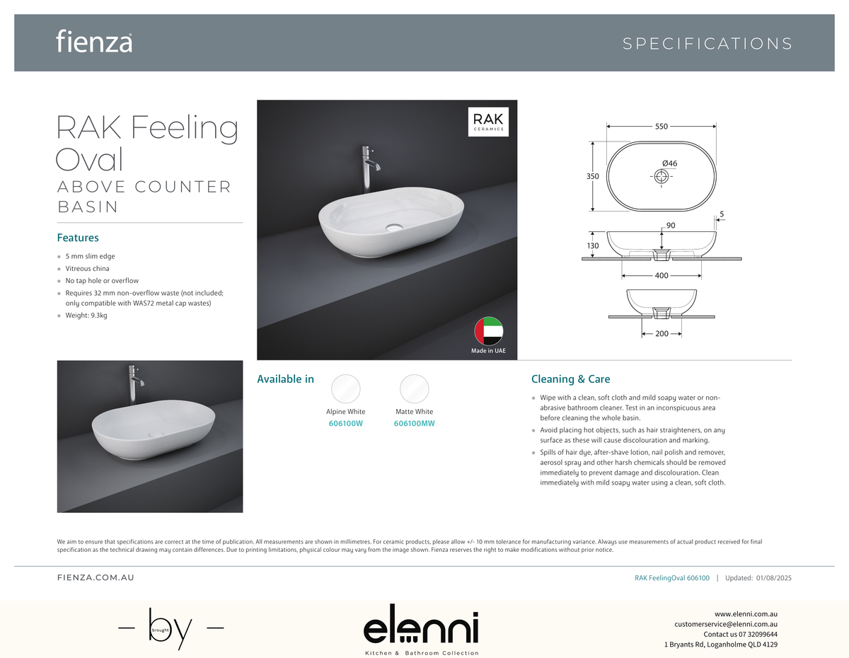 RAK Feeling Oval Above Counter Basin - Elenni specification drawing