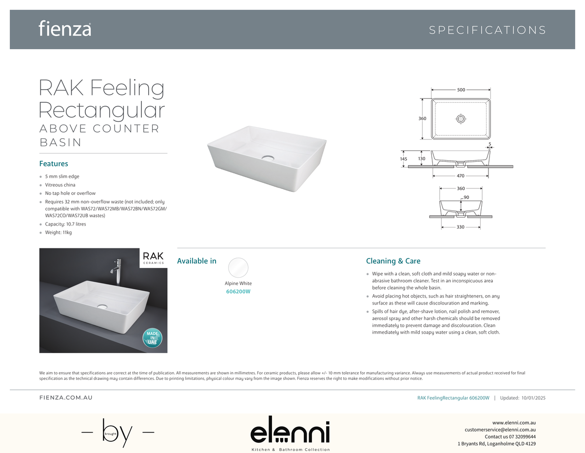 RAK Feeling Rectangular Above Counter Basin - Elenni specification drawing
