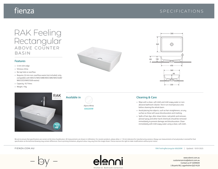 RAK Feeling Rectangular Above Counter Basin - Elenni specification drawing