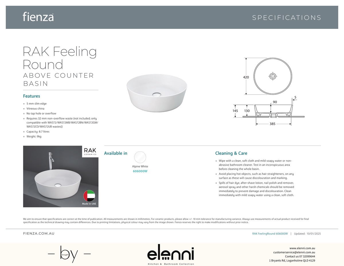 RAK Feeling Round Above Counter Basin - Elenni specification drawing