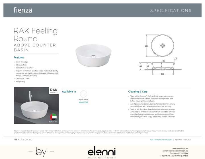 RAK Feeling Round Above Counter Basin - Elenni specification drawing