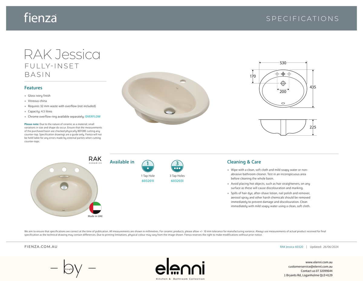 RAK Jessica Fully-Inset Basin - Elenni specification drawing