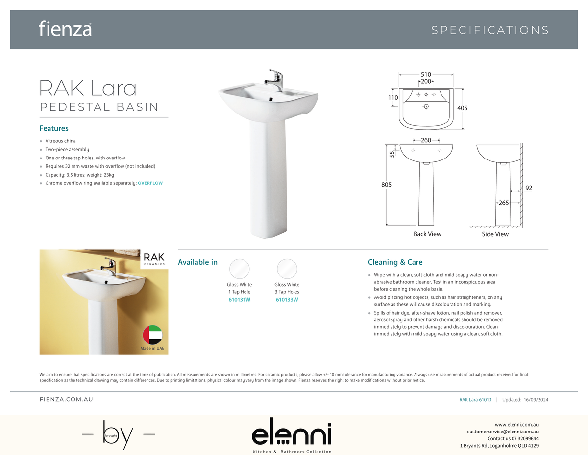 RAK Lara Pedestal Basin - Elenni specification drawing
