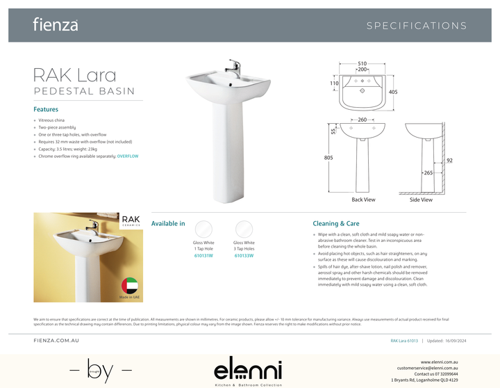 RAK Lara Pedestal Basin - Elenni specification drawing
