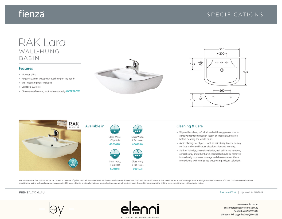 RAK Lara Wall Basin - Elenni specification drawing