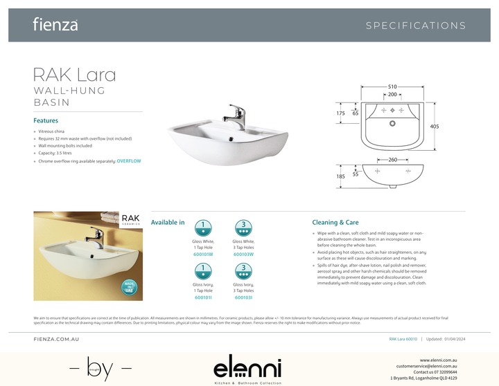 RAK Lara Wall Basin - Elenni specification drawing