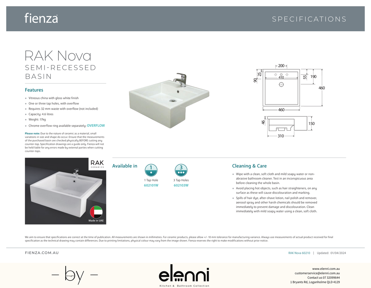 RAK Nova Semi-Recessed Basin - Elenni specification drawing