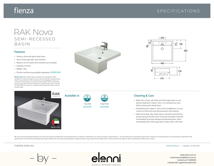RAK Nova Semi-Recessed Basin - Elenni specification drawing
