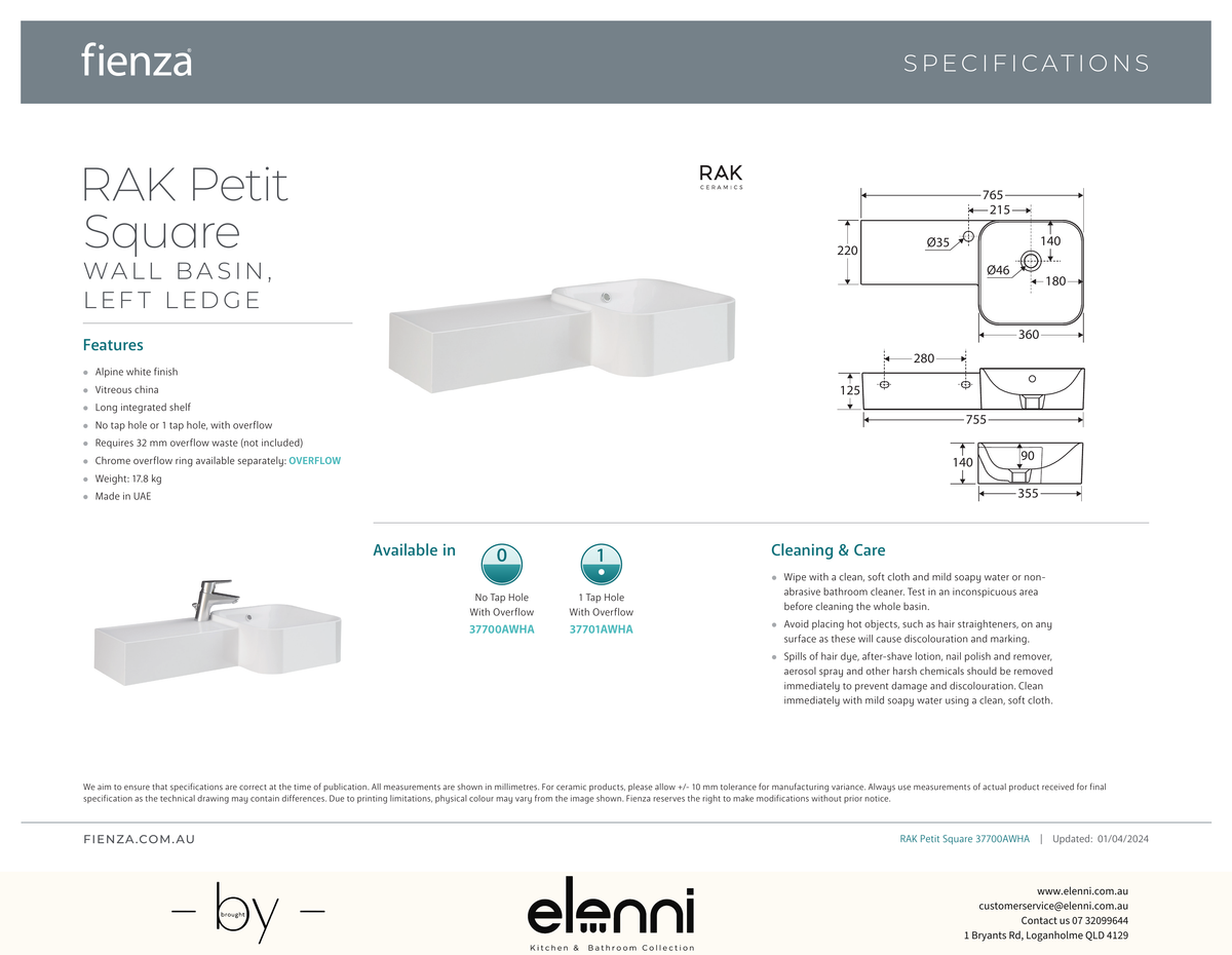 RAK Petit Square Wall Basin - Elenni specification drawing