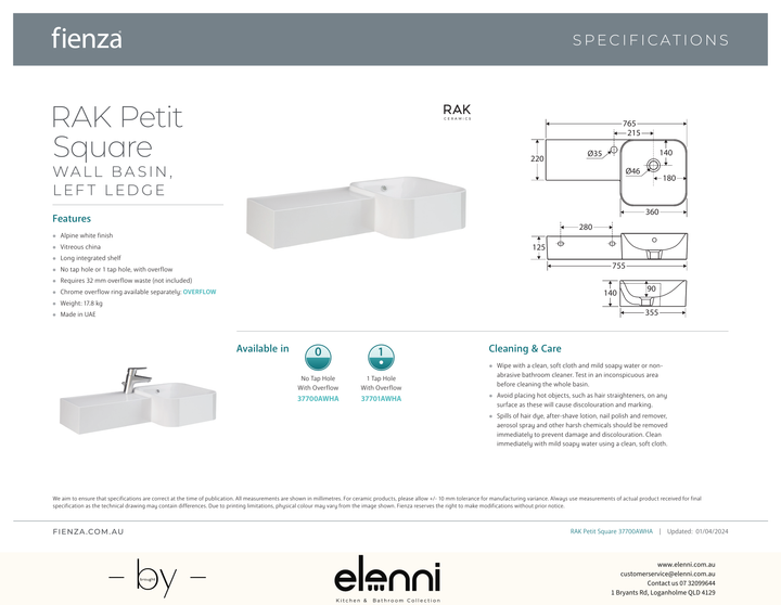 RAK Petit Square Wall Basin - Elenni specification drawing