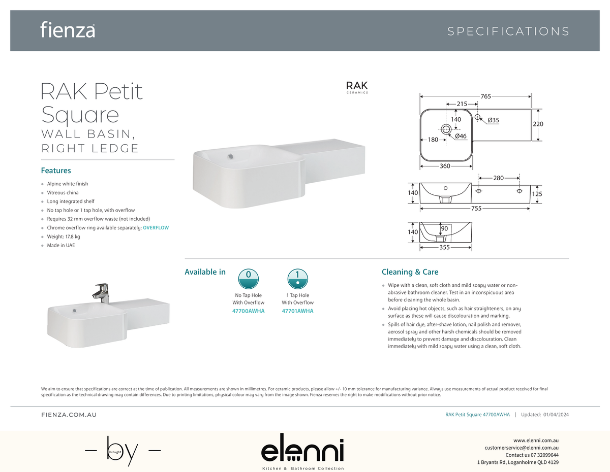 RAK Petit Square Wall Basin - Elenni specification drawing