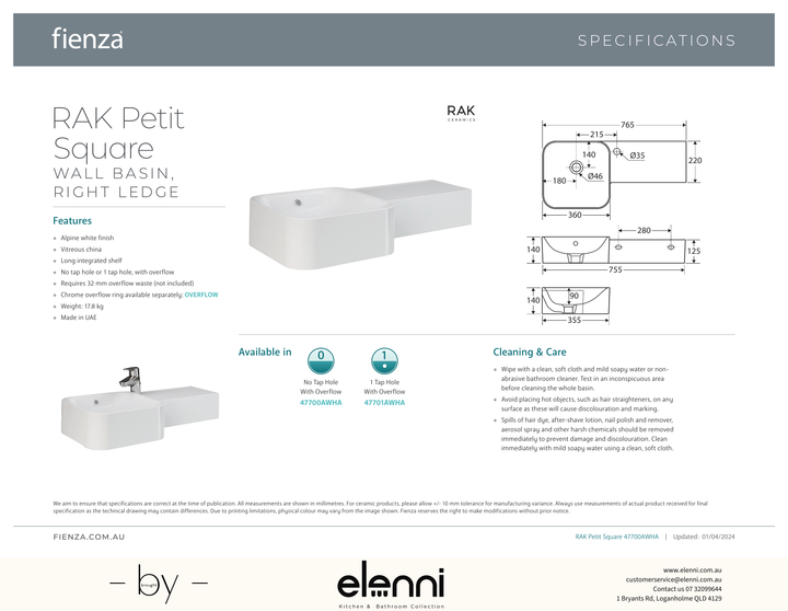 RAK Petit Square Wall Basin - Elenni specification drawing
