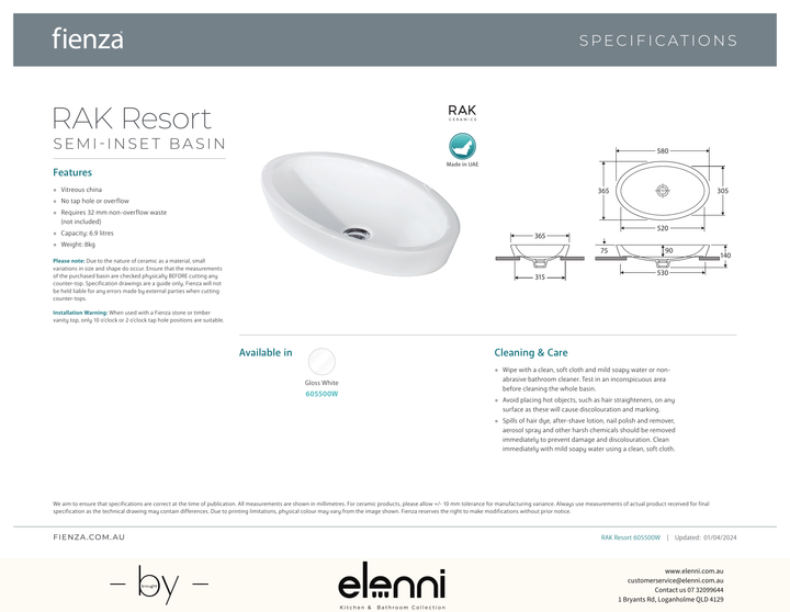 RAK Resort Semi-Inset Basin - Elenni specification drawing