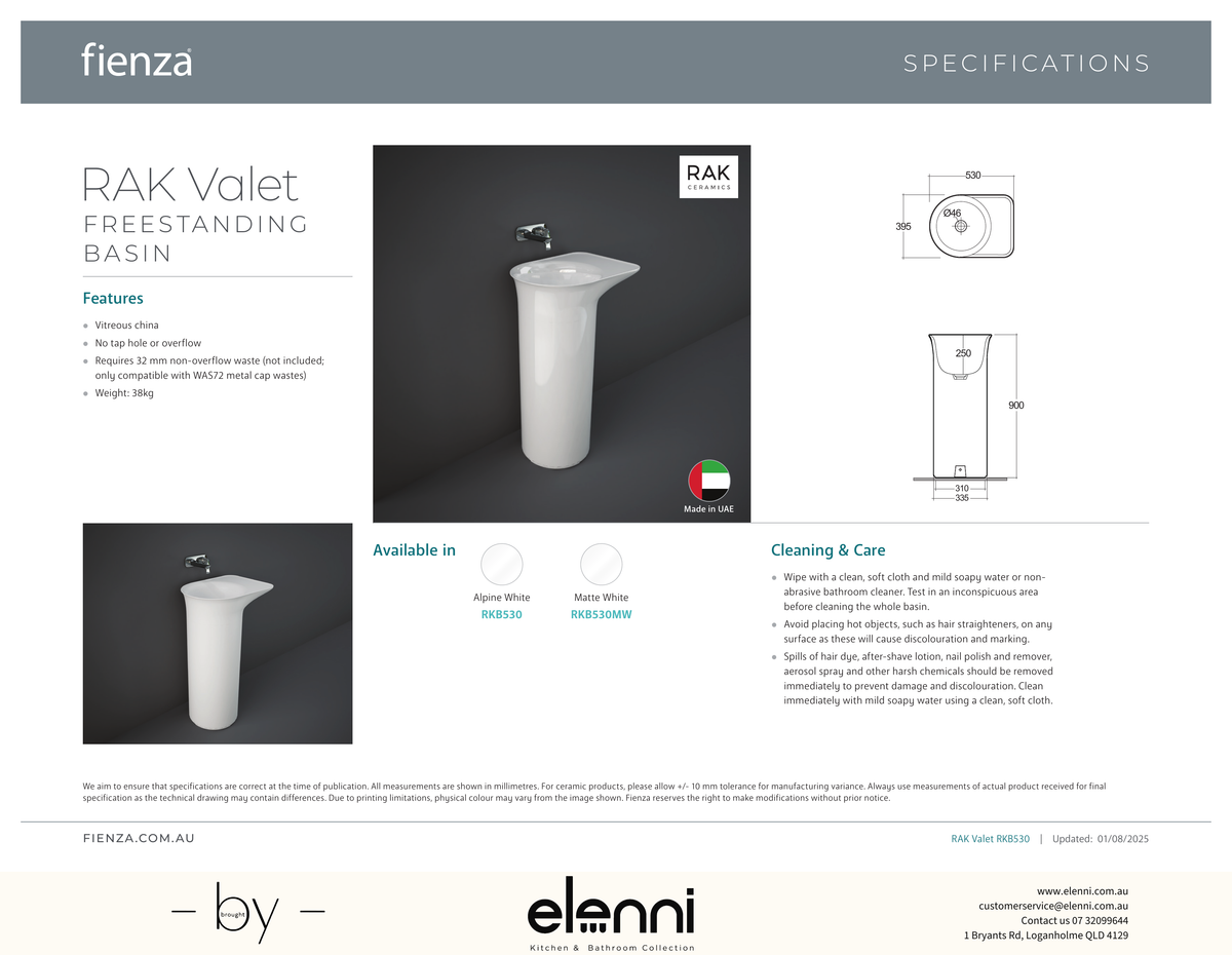 RAK Valet Freestanding Basin - Elenni specification drawing