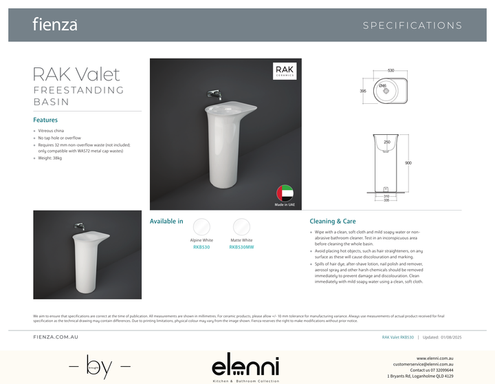 RAK Valet Freestanding Basin - Elenni specification drawing