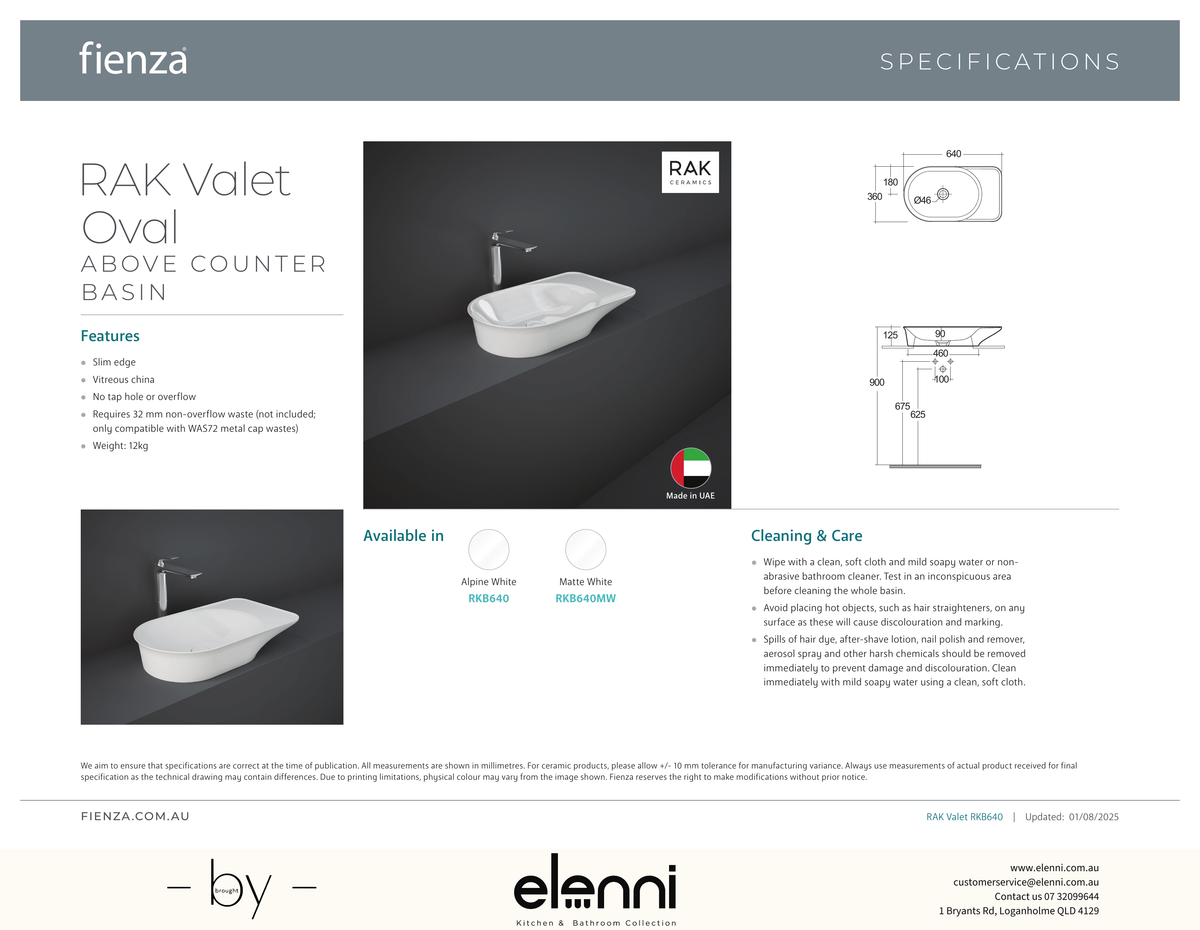 RAK Valet Oval Above Counter Basin - Elenni specification drawing