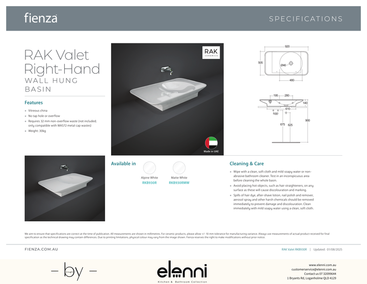 RAK Valet Right-Hand Wall Hung Basin - Elenni specification drawing