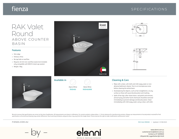 RAK Valet Round Above Counter Basin - Elenni specification drawing